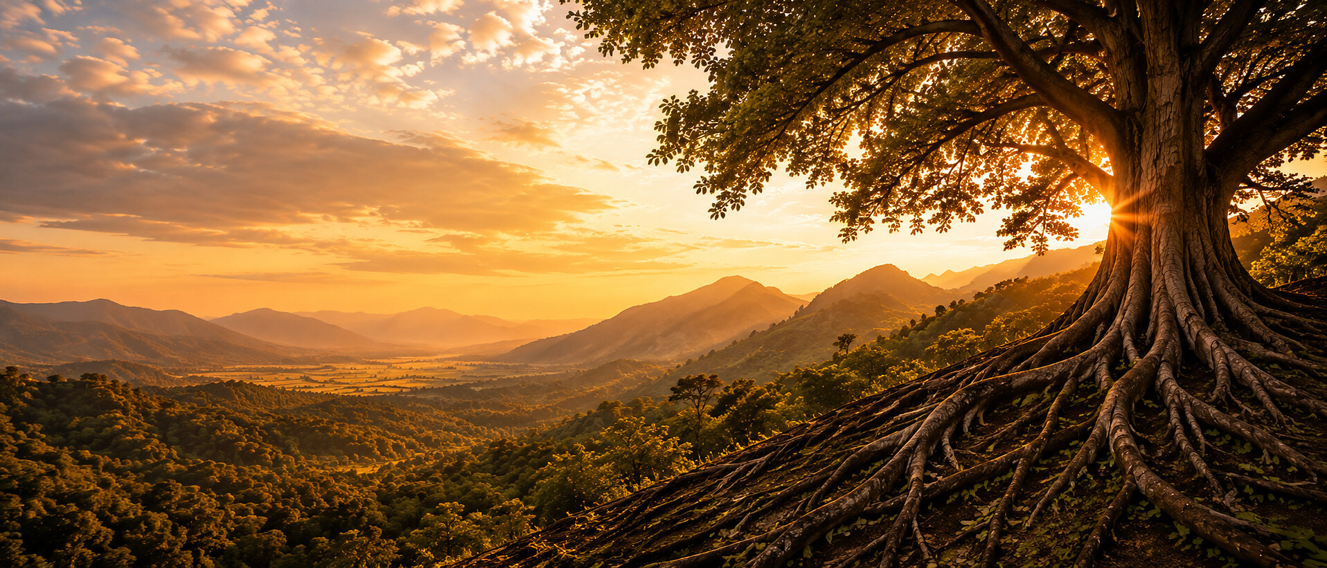 Grand arbre aux racines apparentes au soleil couchant, dans les Hauts de La Réunion