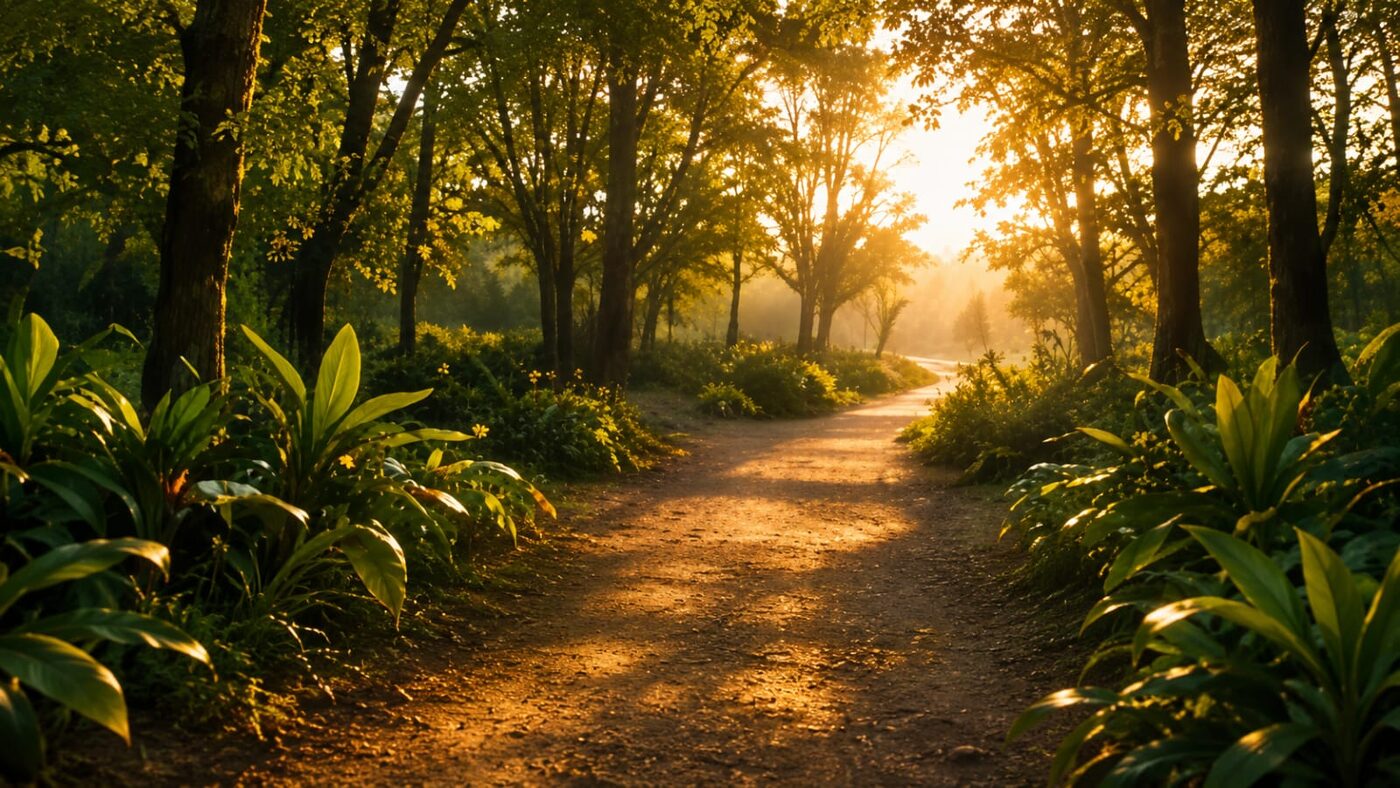 Sentier de sous-bois traversé par la lumière